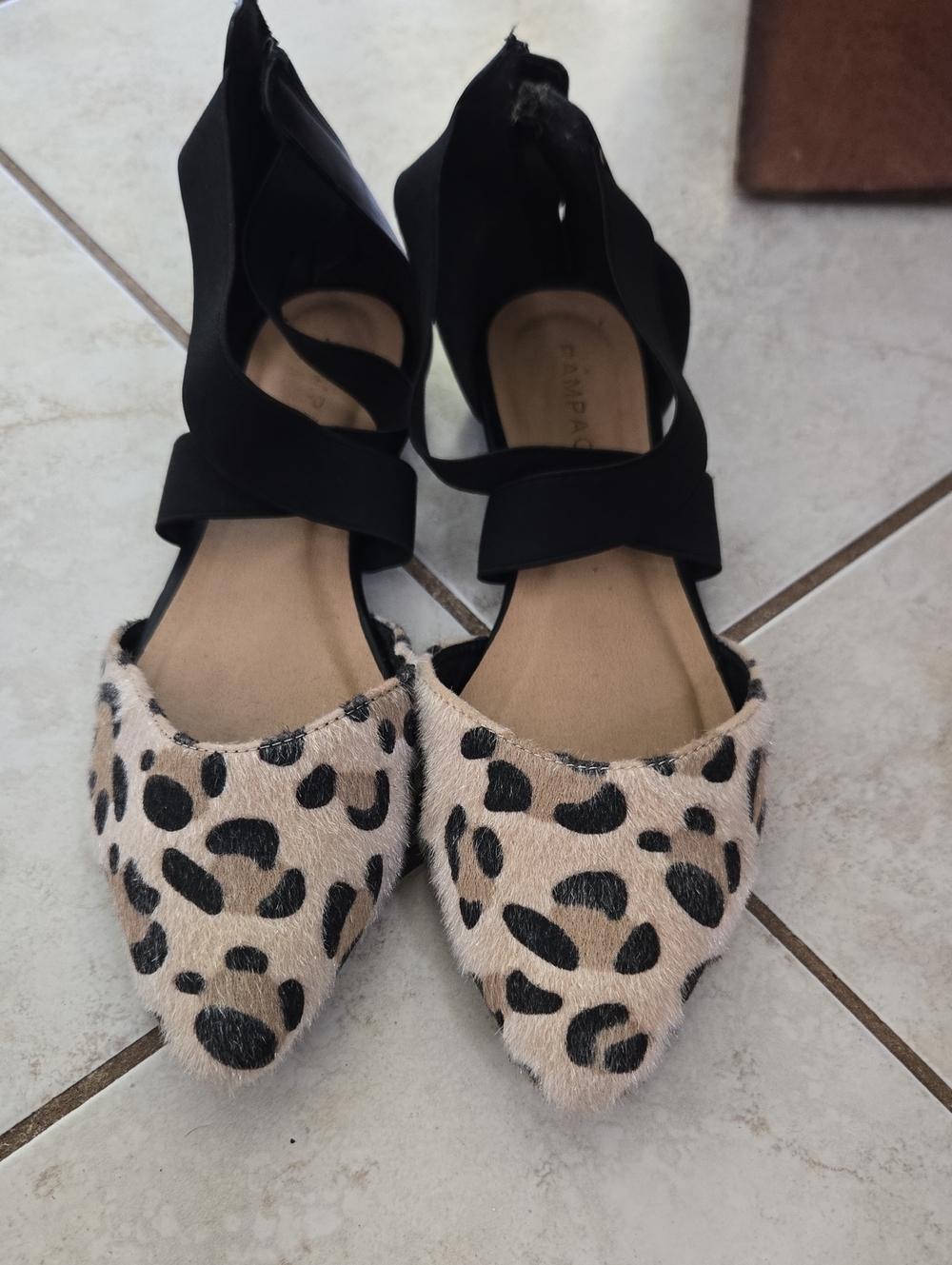 Rampage Leopard Print Pointed Flats with Black Ankle Straps